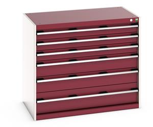 40021223.** Bott Cubio drawer cabinet with overall dimensions of 1050mm wide x 650mm deep x 900mm high Cabinet consists of 3 x 100mm, 2 x 150mm and 1 x 200mm high drawers 100% extension drawer with internal dimensions of 925mm wide x 525mm deep. The drawers...